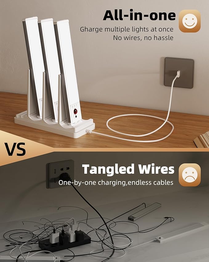 EZVALO 5-Pack Under Cabinet Lighting with Charging Station, 2400mAh Motion Sensor Light, LED Coutner Lights Wireless, 3000K Dimmable, Timer, Magnetic, with Remote Control for Kitchen, Closet, Stair