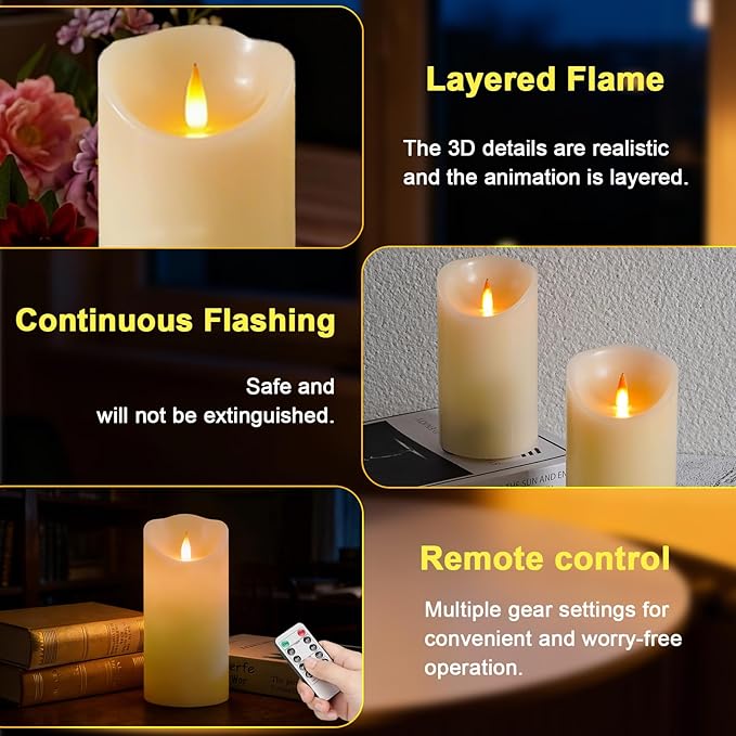 Rechargeable Flameless Candle, Realistic 3D Flickering Warm Flame, LED Candle with Remote Control & Timer for Holiday, Wedding, Patio and Home Decoration