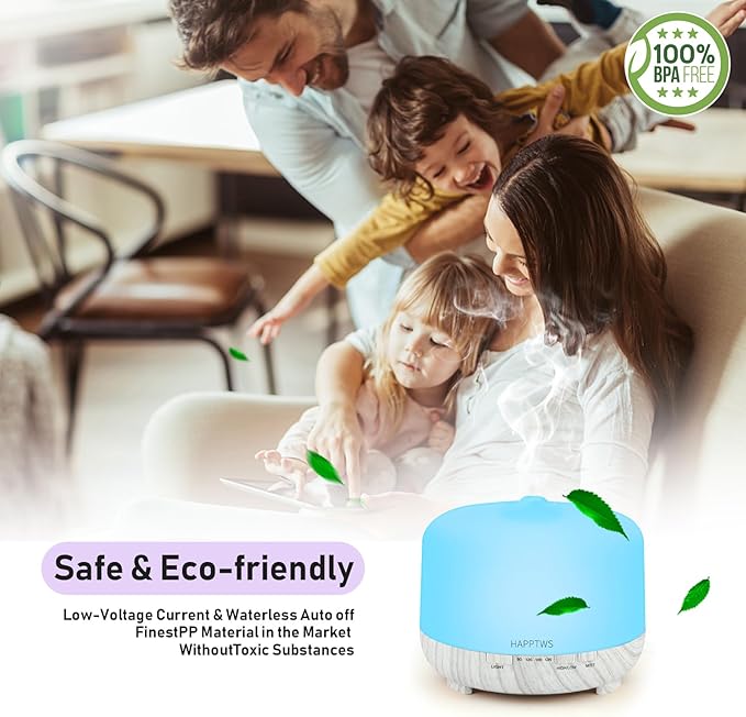 HAPPTWS 500ml Essential Oil Diffuser - Cold Mist humidifier with 4 timers and 7 Color Settings, no Water auto Shut Off, with Remote Control, Suitable for Room/Yoga Room/Office (White)