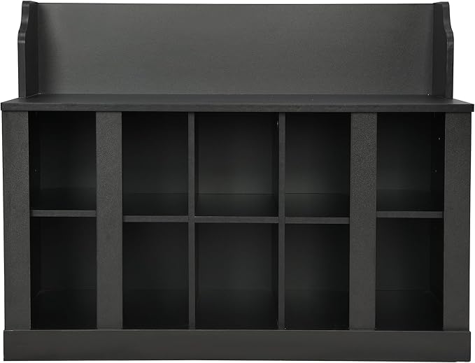 AMNOOL Modern Hall Tree with Shelves and 4 Hooks with Wall Mounted Coat Rack Shoe Storage Bench with Ten Storage Compartments Adjustable Shelves for Hallway, Foyer, Mud Room (Black)