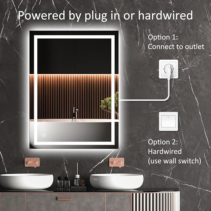 LED Bathroom Mirror 24x36 Inch Anti-Fog Bathroom Mirror with Lights, Wall Mounted Lighted Vanity Mirrors, Dimmable, Backlit + Front Lit, Smart Bathroom Vanity Mirror with 3 Colors Temperature