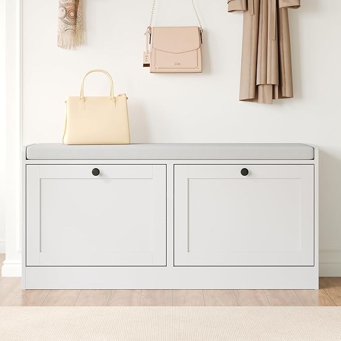 Modern Shoe Storage Bench fits up to Shoe Size 16, Entryway Bench with 2 Flip Drawers and Padded Seat Cushion, Wooden Shoe Bench with Storage for Entryway, Hallway, and Apartment, White