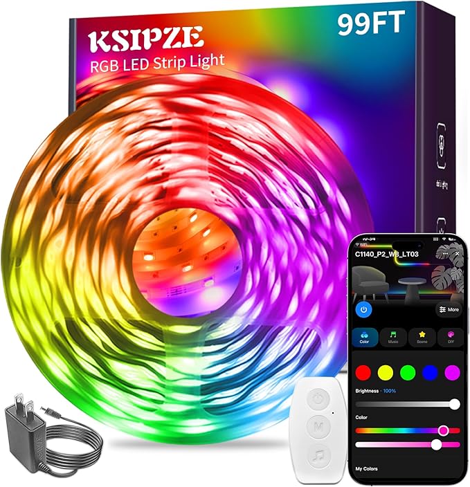 KSIPZE LED Lights, RGB LED Lights for Bedroom, Smart APP Control LED Strip Lights, Music Sync, DIY Multiple Colors, Flexible Color Changing LED Strip Lighting for Home Room Decor (99FT)