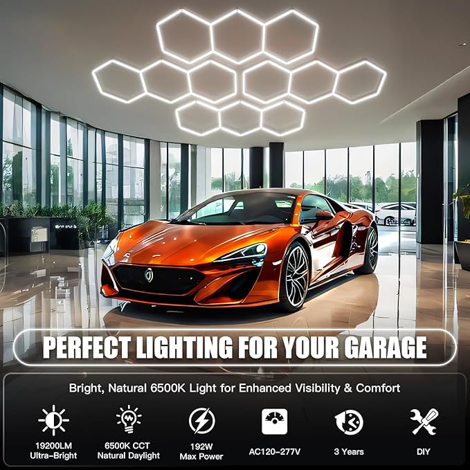 JTT Hexagon Garage Lights, 1Pack 8W LED Garage Hexagon Lights, 6500K Super Bright Car Detailing Ceiling LED Shop Light for Warehouse Workshop Gym Basement Car Care Wash Room