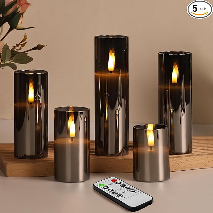 Eywamage 5 Pack Grey Glass Flameless Candles with Remote, Flickering Slim Tall LED Pillar Votive Candles Battery Included