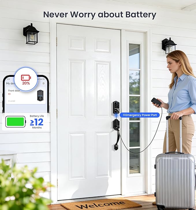 Veise VE017-H Fingerprint Smart Front Door Lock Set, App Control, 8-in-1 Keyless Entry Deadbolt with Zinc Alloy Handles, Emergency Power Port, Touchscreen Keypad, Auto Lock, Easy Install, Matte Black