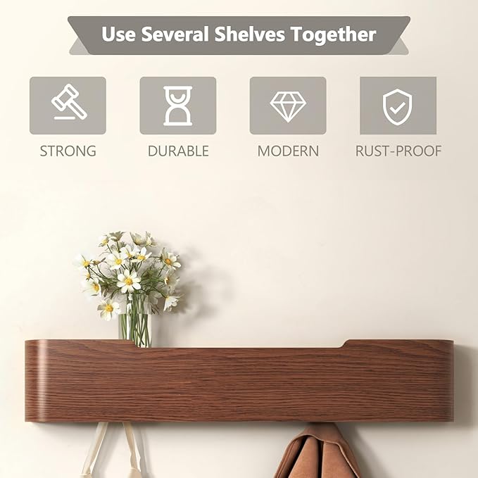 Coat Rack Wall Mount Entryway Organizer Modern Key Holder Wall Mount with Wooden Shelf Entryway Hooks for Bedroom Kitchen Hallway Bathroom for Hanging Coats Hats Dog Leashes Bags Towels
