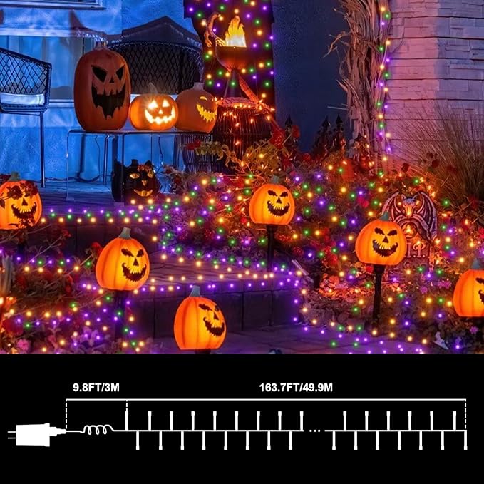 LAMPHOME 165ft Halloween Lights, 500 LED Transparent Wire Fairy Starry String Light Plug in, 16Lighting Modes for Indoor Outdoor Xmas Tree Wedding Party Decoration (Orange Purple Green)