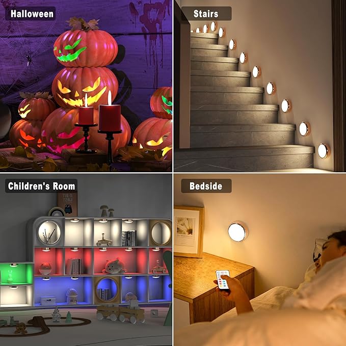 HELPLEX LED Puck Lights with Remote, 6 Pack Color Changing RGBW Stick-On Light, Battery Powered, Dimmable Under Cabinet Lighting with Timer & Memory, Wireless Push Lights for Kitchen & Closet, Gold