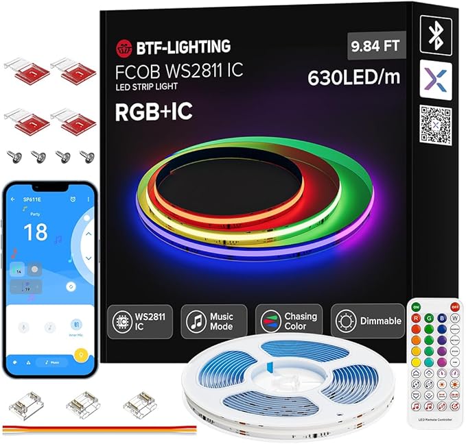 BTF-LIGHTING FCOB WS2811 IC RGB COB LED Strip 9.8FT Chasing Color Tape Light Kit DC24V 630LED/m 10mm Width Dream Color Bluetooth Sync Music Controller for Bedroom, Party, Christmas DecorWhite PCB