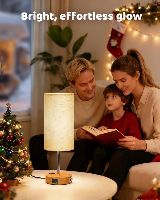 2026 Latest Bedside Table Lamp for Bedroom, 3 Way Dimmable Touch Lamp with Retractable Cable, USB-C & USB A Ports and AC Outlet, Phone Stand, Flaxen Fabric Shade for Nightstand Desk, LED Bulb Included