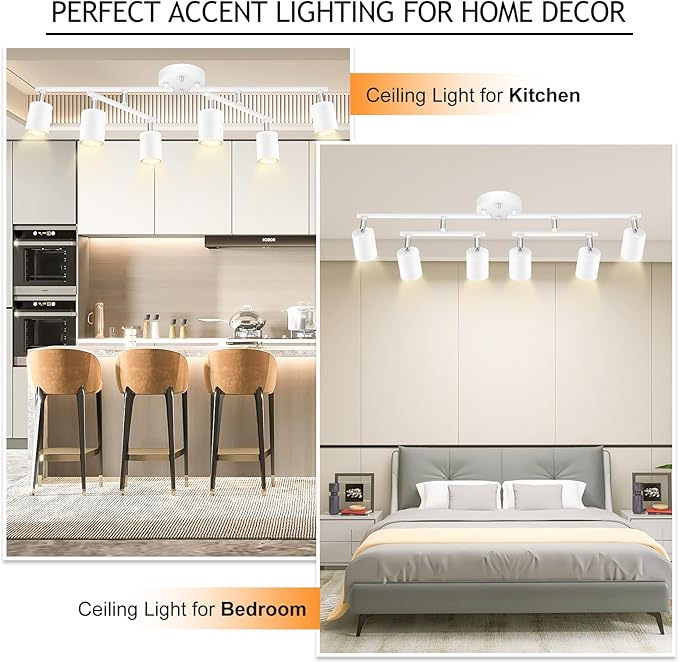 BoostArea 6 Light Track Lighting Kit, White 6 Way Ceiling Spot Lighting, Center Swivel Track Light Heads, Flexibly Rotatable Light Head for Kitchen, Living Room, Bedroom, GU10 Bulb Not Included