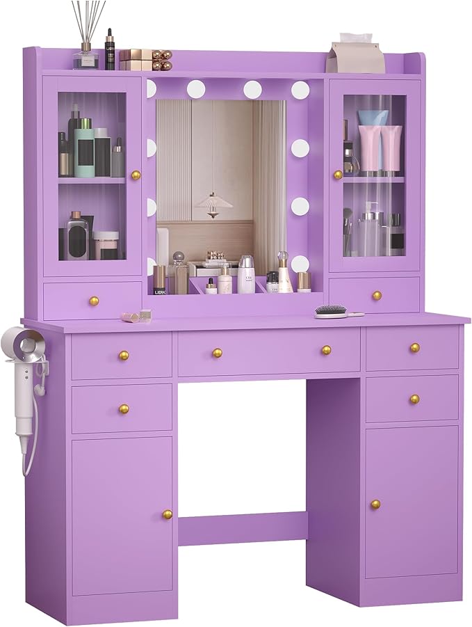 Vanity Desk with Mirror and Lights, 43" Purple Makeup Vanity Set with 5 Drawers & Glass Cabinets, Makeup Tray, Power Outlet & Adjustable LED Lights, Dressing Table for Women & Girls Bedroom