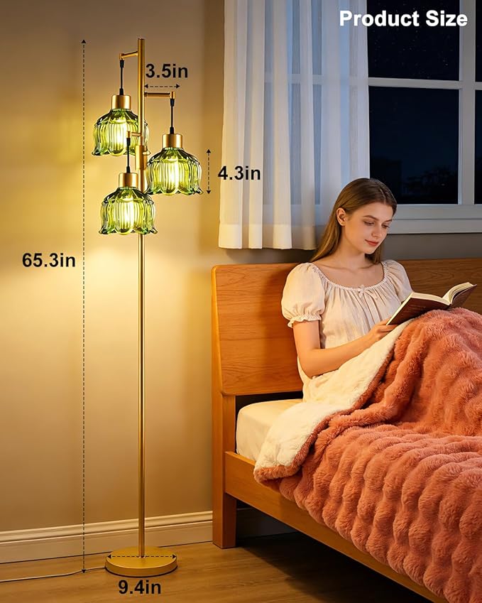 Gold Floor Lamps for Living Room, 3-Light Dimmable Floor Lamp with Green Glass Shade& E12 Bulbs Included, 65'' Mid Century Tall Standing Lamp for Bedroom/Sofa Beside/Corner Decor