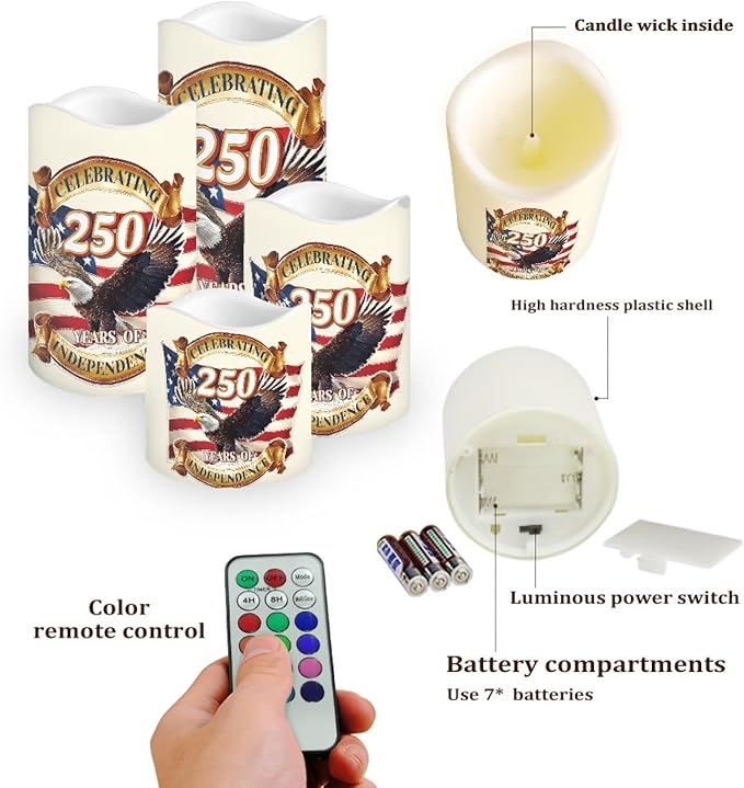 Bald Eagle White Candles Celebrating American 250th Anniversary Battery Led Lights with Timer Patriotic Remote Control Candle for Independence Day Holiday Decorations, 4 Pack