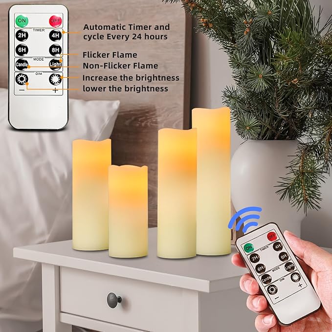 Flameless Wax Pillar Candle: Pack of 5 Battery Operated LED Candles H5 6" 7" 8" 9" D2.2 Electric Fake Flickering Candles with Timer Remote for Home Christmas Halloween Deco Gift(Modern Style)