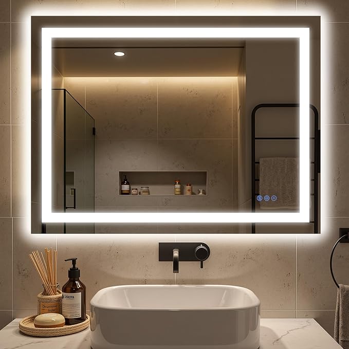 Antok 30"x 36" LED Bathroom Mirror with Lights, Anti-Fog, Dimmable, Lighted Vanity Mirror with Tempered Glass, Memory Function, 3 Light Modes, Safe Use, Horizontal, Vertical, Wall Mount