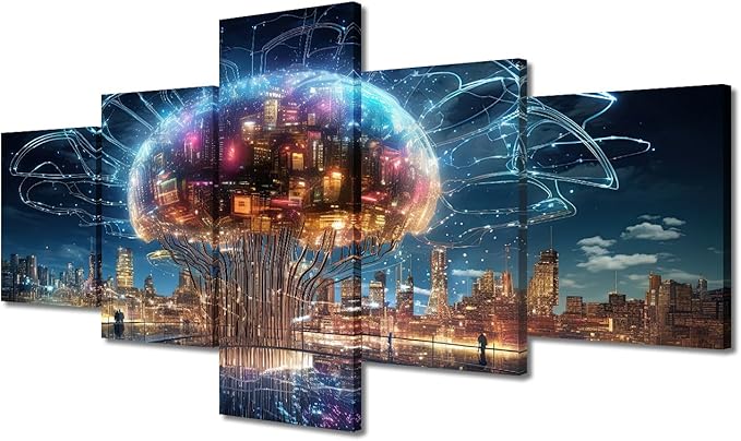 5 Piece Smart Brains for Future Cities Wall Art Painting Artificial Intelligence Concept Bedroom Living Room Brain Framed Modern Pictures Canvas Prints Artwork for Wall Decor Office Decor (50"Wx24"H)