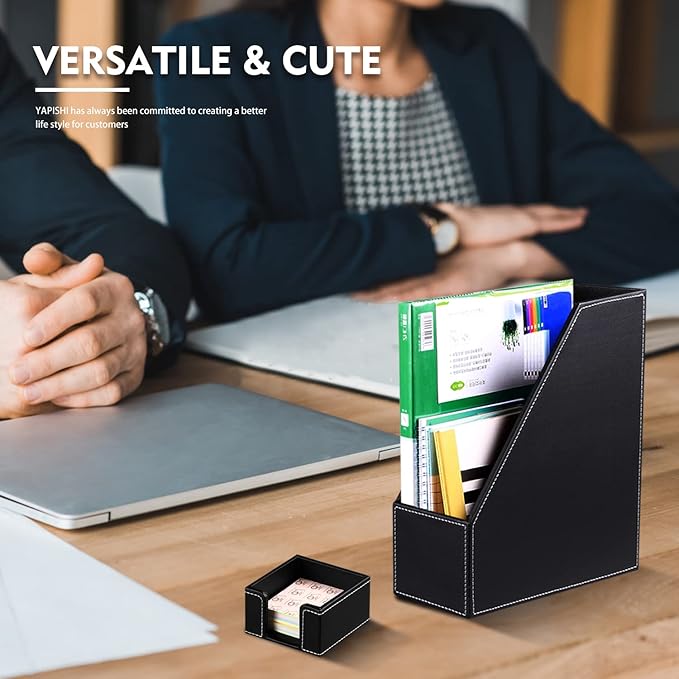 Office Desk Organizer and Workspace Accessories Storage Caddy for Men, Black Leather 6 PCS Set- Pencil Cup, Business Card Holder, Sticky Note Dispenser, Mail Sorter, Letter Tray, Magazine Holder