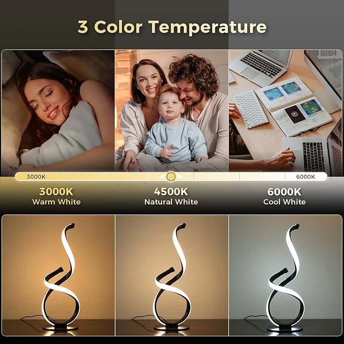 Modern Touch Lamp for Nightstand, Spiral LED Table Lamp, Dimmable 3 Color Temperature Night Stand Desk Lamp, Unique Bedside Light for Living Room, Bedroom, Cool Lamps for Ideal Gift, Black