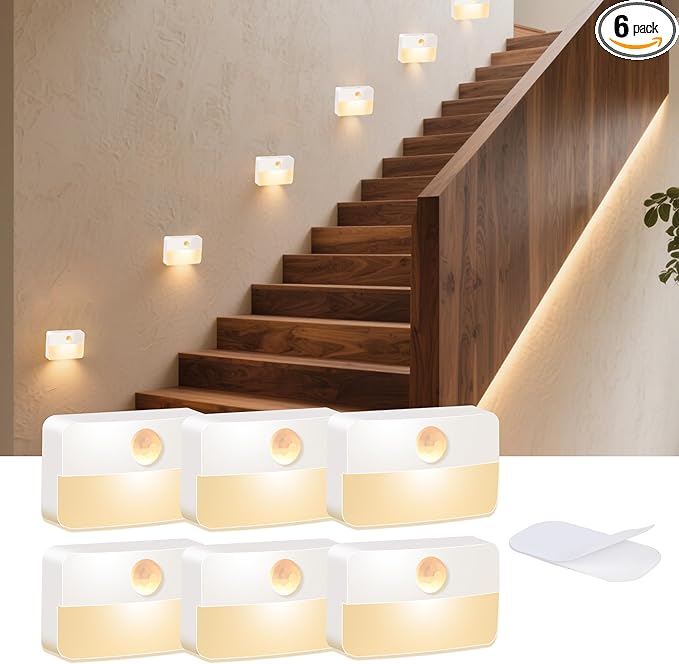 Motion Sensor Night Light for Indoor: 6 Pack Battery Operated Stair Lights LED 3000k Step Lights - Motion Sensor Lamp for Cabinet Closet Hallway Bedroom Stairs (Battery Powered)