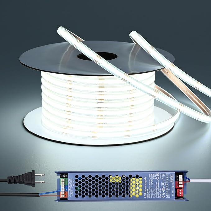 24V COB LED Strip Lights Outdoor Waterproof 65.6FT, 6000K Cool White Dimmable IP67 CRI 93 LED Rope Light with Power Supply for Bedroom Living Room Garden Commercial House