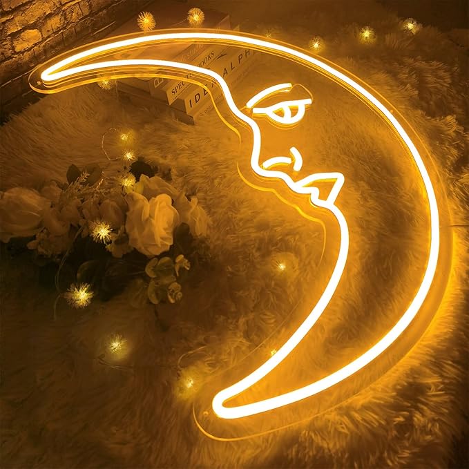 Moon Face Neon Sign Wall Decor, 3D Aesthetic Art Moon LED Sign Light, Retro Night Light, Crescent Led Sign Astronomy Lamp for Bedroom Home Bar Man Cave Parties, Housewarming Gifts - 16"