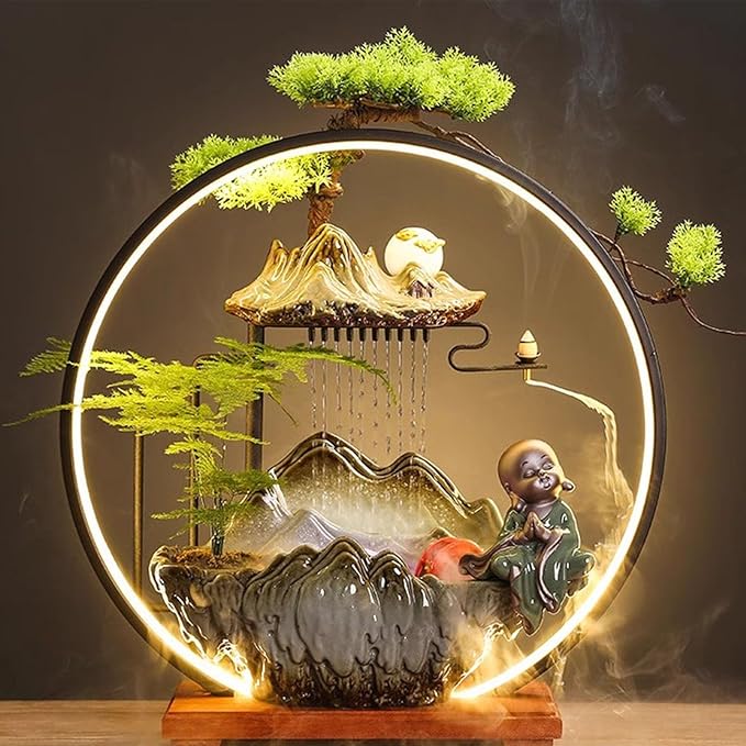 LED Halo Reflux I, Ceramic Zen Ornament with Rain Curtain Flowing Water Waterfall I Sitting, Suitable for Home Office Yoga Meditation Use