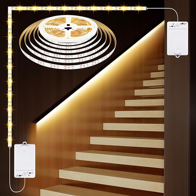 OMIKA 16.4FT 150LEDs 2700K Warm White Motion Activated Under Cabinet Lights, Rechargeable Cuttable Adjustable Dual Motion Sensor Light Indoor, Two Motion Sensor LED Strip for Stairway Closet Corridor