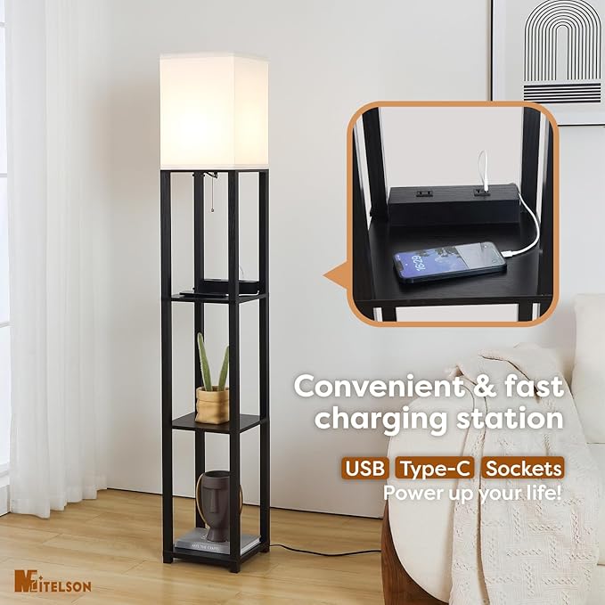 Floor Lamp with Shelves and USB, USB-C & Power Outlets, Shelf Lamp with Charging Station, Modern Square Lamps for Living Room, Tall Standing Floor Lamp for Bedroom and Office, Black