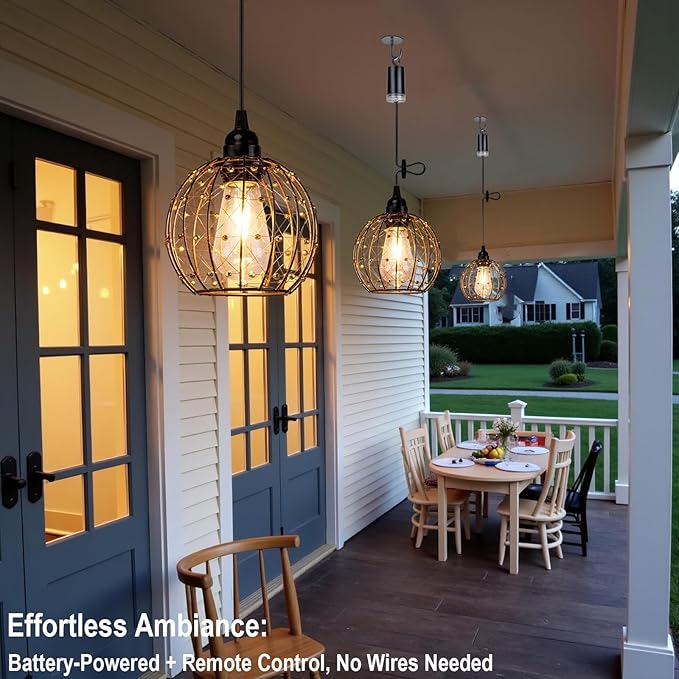 Hanging Pendant Lights, Battery Operated Outdoor Chandelier with Warm White LED Bulb for Patio Tree Pergola Gazebo Porch (Beaded Ball-ST58-3PK)