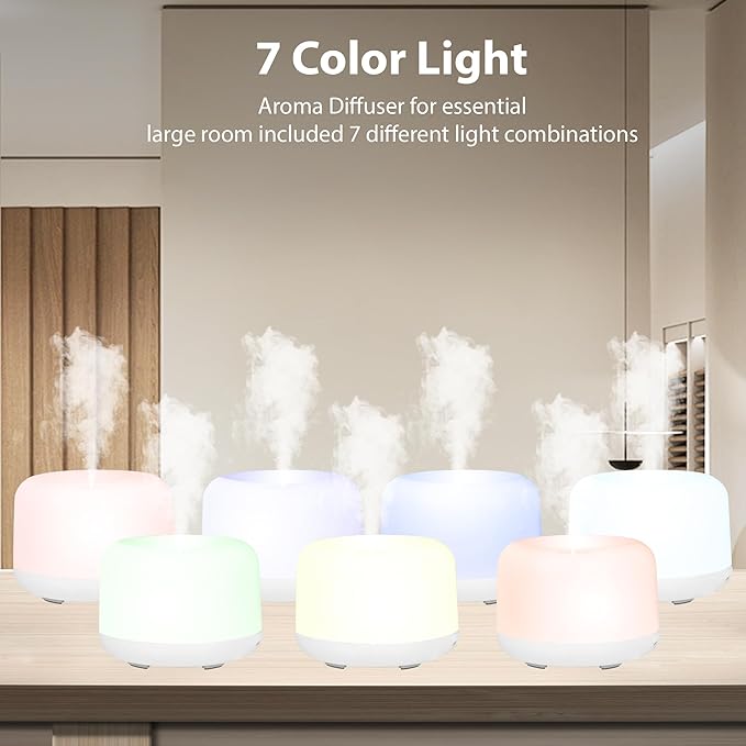 Essential Oil Diffuser 500ml - Remote Control Aromatherapy Humidifier, 7 Color LED Lights, Whisper Quiet, Auto Shut-Off,Small Humidifier for Bedroom Quiet