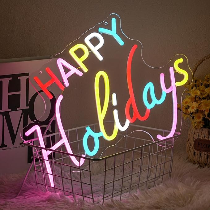 Happy Holidays Neon Sign for Wall Decor, Colorful Letter Neon Light, Dimmable Holiday LED Light Up Sign for New Year Party, Home Bar, Living Room, Wall Decorations