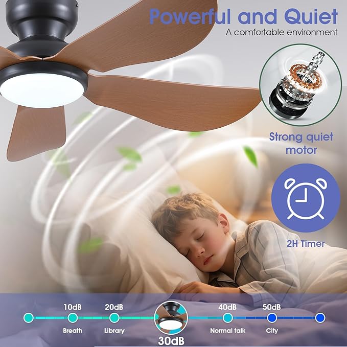 46 Inch Modern Ceiling Fans with Lights, Flush Mount Ceiling Fan, Remote/APP Control, 5 Reversible Curved Blades, 6 Speeds, 3 CCT Dimmable LED Lights for Bedroom Kids Room, Brown