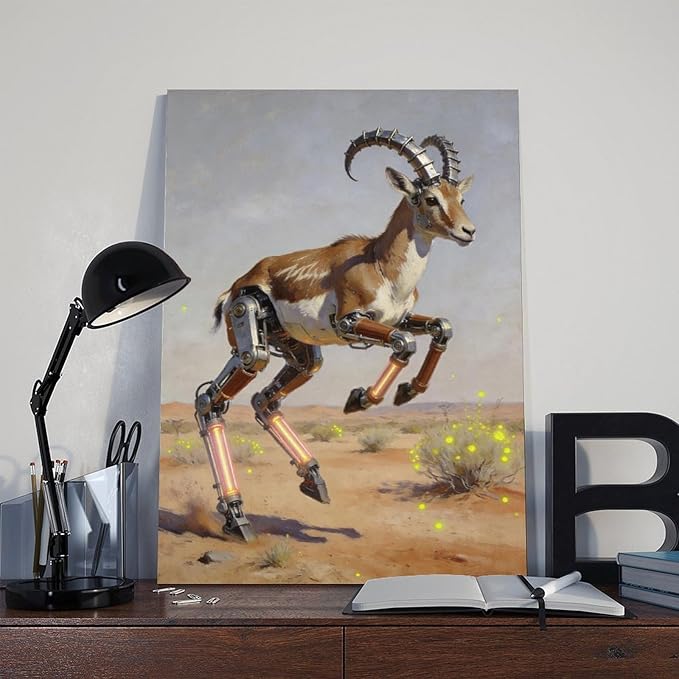 Framed Steampunk Mechanical Antelope Wall Art - Desert Futuristic Poster for Loft Living Room Decor 20x30inch(50x75cm)
