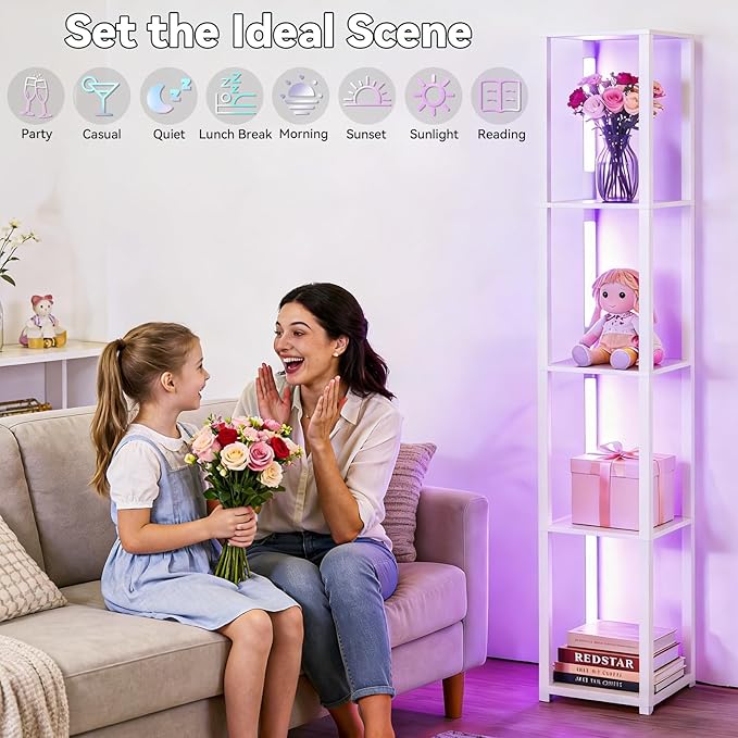 RGBCW Floor Lamp with Shelves, Smart Modern Floor Lamp with Music Sync, LED Color Changing Corner Display Shelf Lamp, Tall Lamps for Living Room and Bedroom, Bookshelf Lamp, White