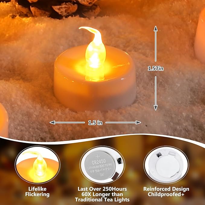 Topstone CR2450 Battery Operated Flickering Flameless Candles with Warm Yellow Light,Remote Control Timer Votives,Decorative LED Tealights,Best for Wedding and Festival Decoration,Pack of 12