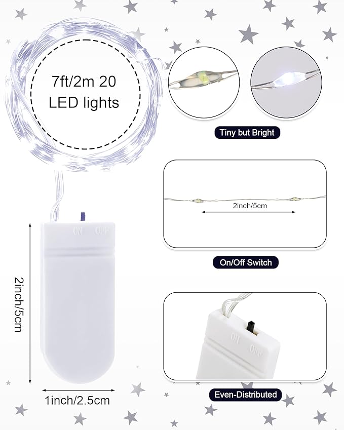 Riakrum 7ft 20 Fairy Lights Battery Operated [3 Styles], LED String Lights Bulk Waterproof String for Christmas Mason Jars Wedding Engagement Party Decorations Table Centerpiece(White,25 Pack)