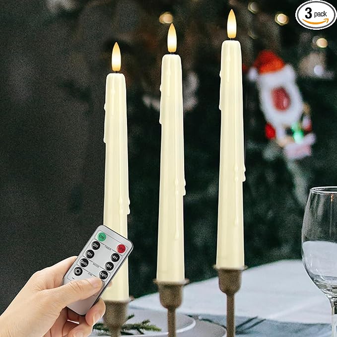 Dripless Flameless Taper Candles with Remote, Real Wax Battery Operated LED Candles Set with 3D Flickering Flame, 9.6" Realistic Dripless Candlesticks for Wedding Home Decor, 3 Pack Ivory