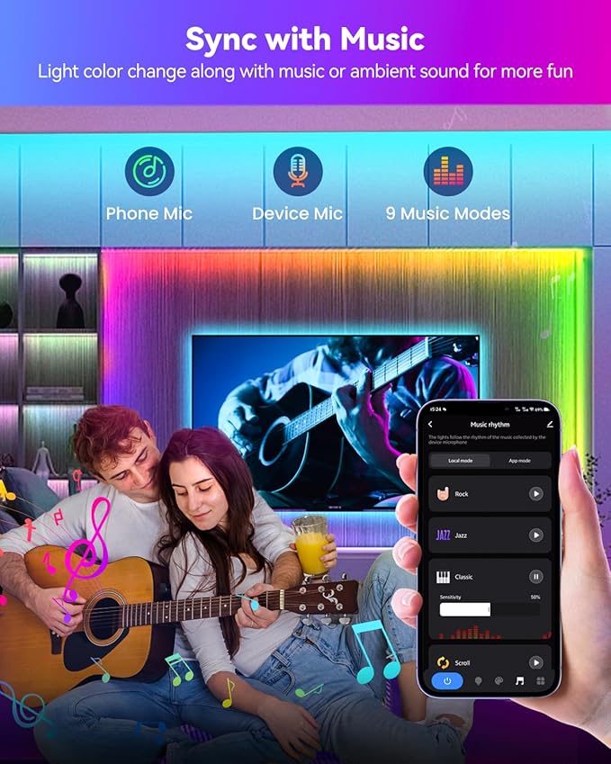 Pak RGB+IC LED Strip Lights for Bedroom & TV, 32.8ft Smart Lights with Remote APP Control, DIY 16 Million Colors, Music Sync Color Changing LED Lighting, 44 Scene Modes, Work with Alexa & Google