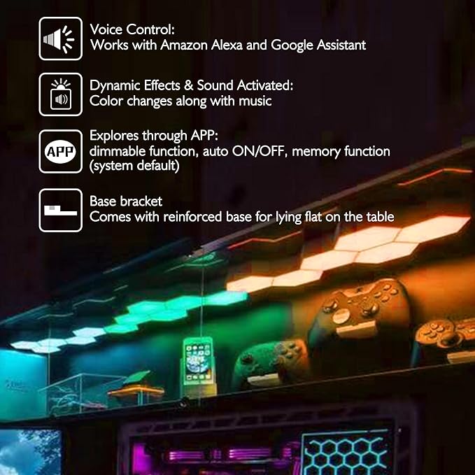 Yescom APP Control Hexagon Lights 11 Pack Table Lamp with 4 Expansion Panels Music Sync Smart WiFi Bedroom Gaming Room Compatible with Alexa & Google