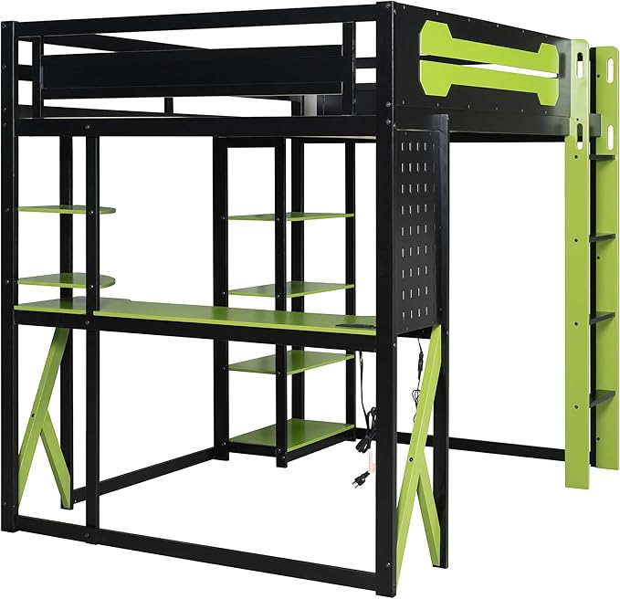 MERITLINE Ultimate Gaming & Study Loft Bed: Full Size Wood Frame with Integrated Desk, RGB Lights, Charging Station, Bookshelf & Pegboard (Black+Green)