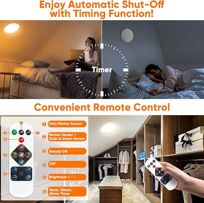 Rechargeable Motion Sensor Ceiling Lights with Remote, Battery Operated Ceiling Lights No Wiring, Wireless 3 Colors Dimmable Overhead Lamps for Closet Shower Shed Hallway, 4-Pack