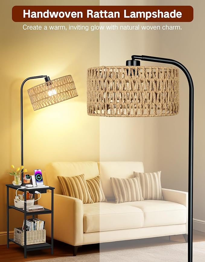 Floor Lamp with Table & Rattan Shade, Side End Table with Charging Station, Dimmable Nightstand with 3 Color Temperatures, 1-Hour Timer, 12W LED Bulb, for Living Room, Bedroom(Black)