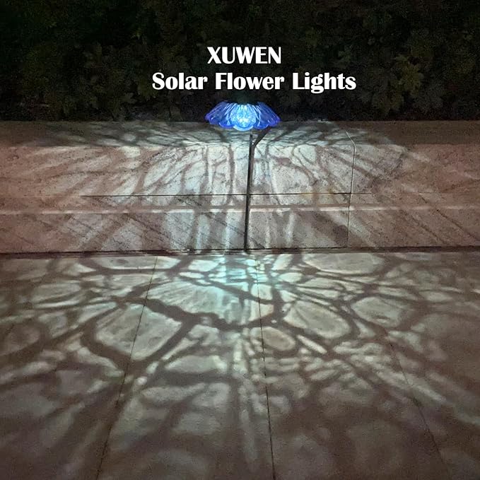 XUWEN Solar Lights Outdoor Waterproof - Blue Solar Flower Lights with Crackle Globe Glass Light, Hanging Lanterns Decorative Outdoor for Yard Walkway Lawn Fence,Christmas Housewarming Gifts for Women.
