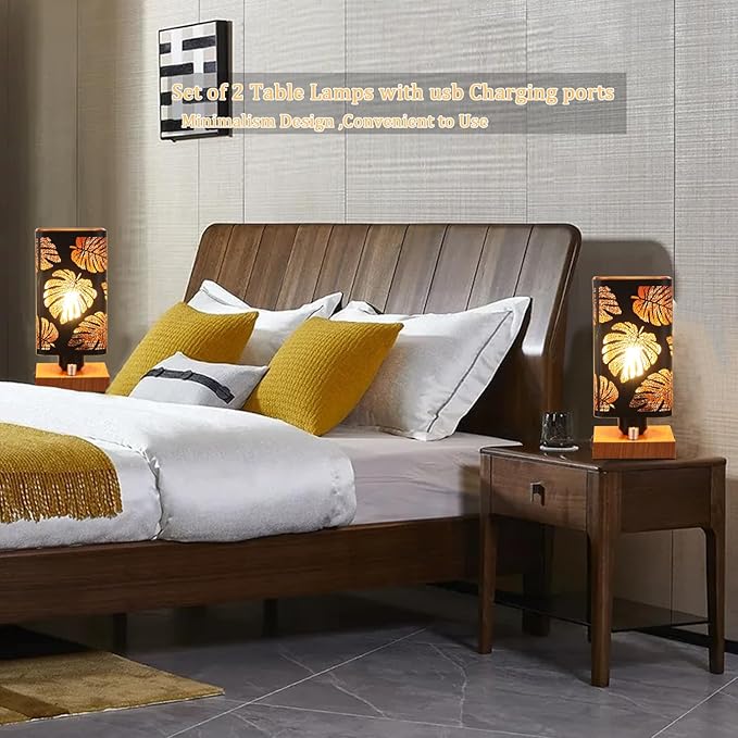 Industrial Table Lamp Sets of 2 with USB Ports and Outlet, Rustic Dimmable Bedside lamp with Charging Station, Metal Square Shadow Nightstand Lamp for Bedroom Living Room End Tables