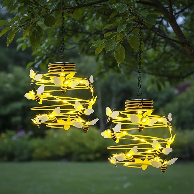 2 Pack Bee Solar Lights Outdoor Garden Decor,Bee Decorations Hanging Solar Lantern,Hanging Garden Decor for Outside Patio Yard Porch Pathway,Outdoor Gifts for Women