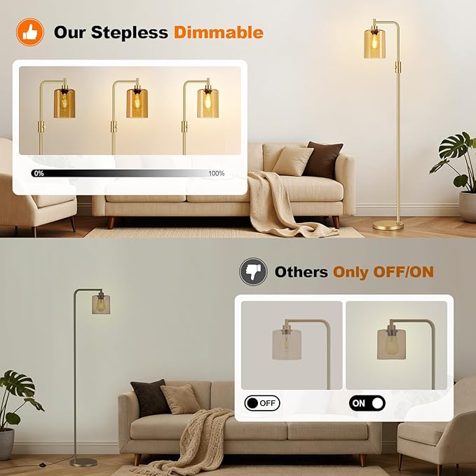 【Upgraded】Gold Dimmable Floor Lamp for Living Room with Amber Glass Lampshade, Glass Modern Floor Lamp with 900LM Bulb Included, Bright Standing Tall Lamp for Bedroom, Office, Reading Room, Corner