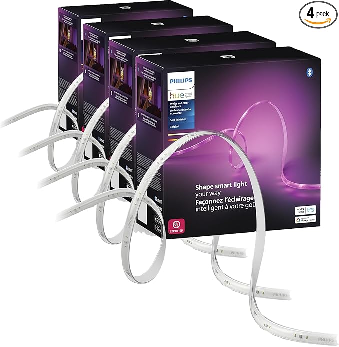 Philips Hue Indoor 16 Ft Smart LED Solo lightstrip Base Kit - Control with Hue App - Compatible with Alexa, Google Assistant and Apple HomeKit| (Pack of 4)