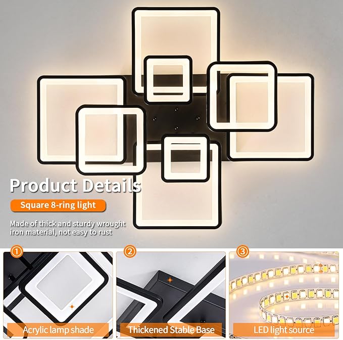 Modern LED Ceiling Light, Dimmable LED Chandelier Black Flush Mount Ceiling Lights, Remote Control Acrylic Ring Ceiling Lamp Fixture for Living Room Dining Room Bedroom, 8H-FANG-BL-04